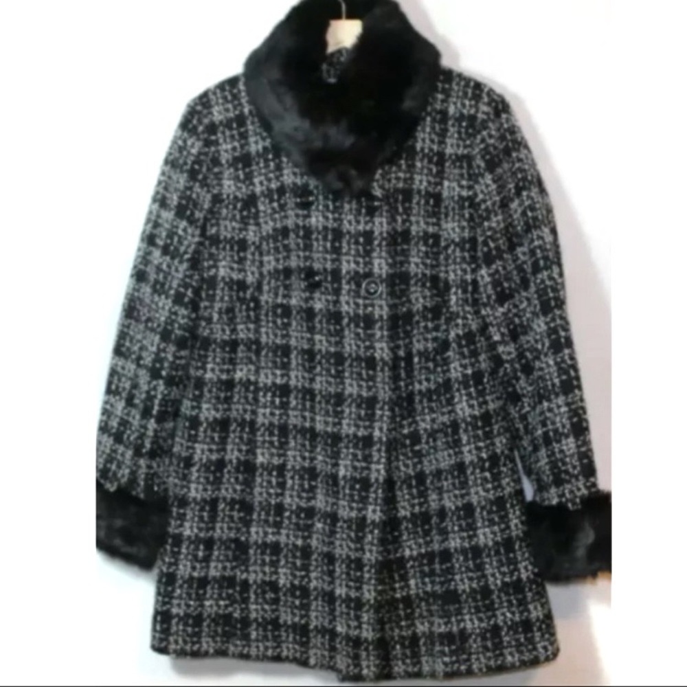 Apt 9 Womens Coat LARGE- XL  Black Tweed Faux Fur Collar Double Breasted A Line